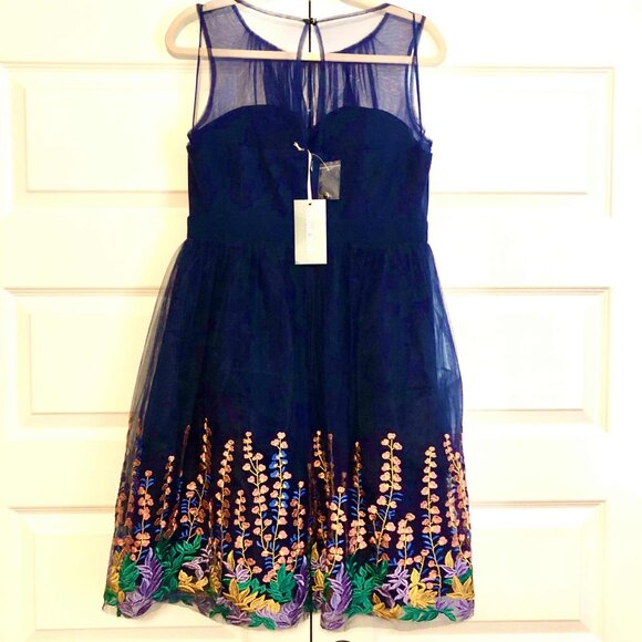 NWT MODCLOTH GEODE Sapphire Tulle Dress Embroidered Floral Appliqué Tea Length L - Picture 3 of 5